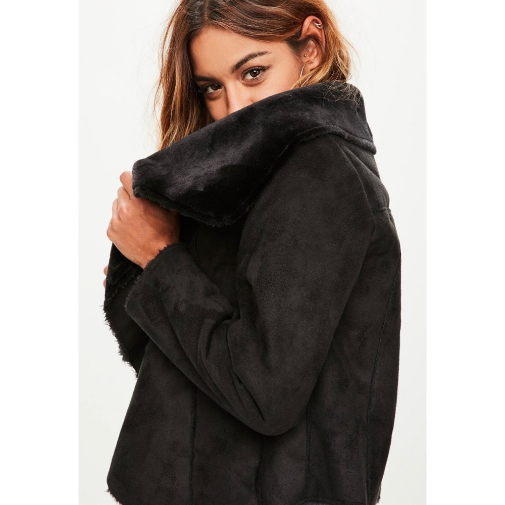 NWT Missguided Black Waterfall Shearling Jacket - Picture 2 of 4